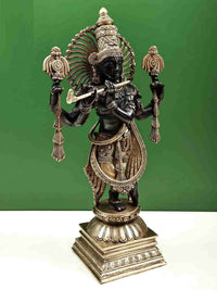 Handmade black brass Krishna statue holding flute, decorative arms and pedestal base, 24 in