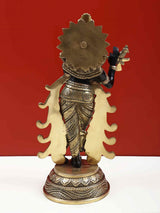 Back view Lord Krishna flute statue, black and brass, ornate halo, 13 inches