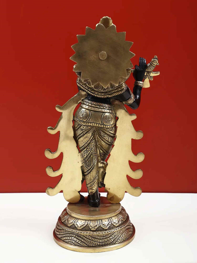 Black with natural Brass Statue of Lord Krishna Playing the Flute 13 Inches