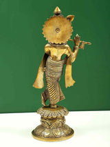 Brass Krishna statue front view, raised hand, flute, decorative robe