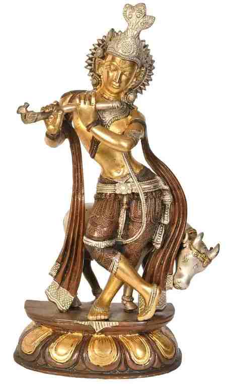 Brown Silver Gold Brass Sculpture of Krishna with Cow 13 inches