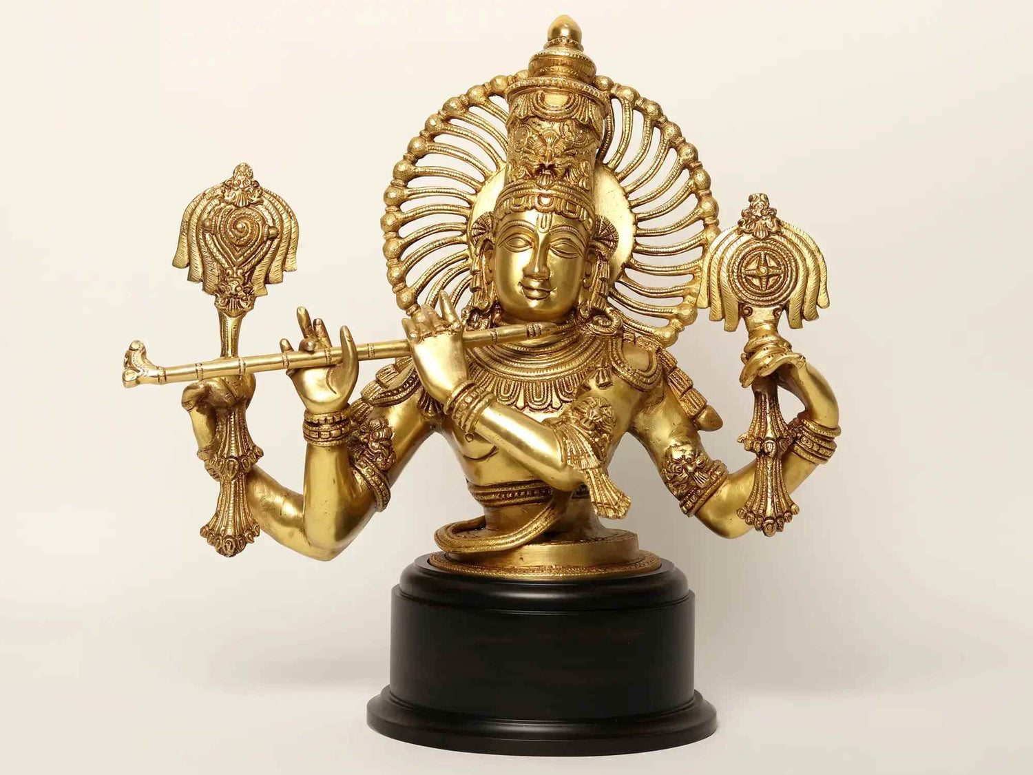 Natural Brass Bust of Chaturbhuja Venugopal (Krishna) on Wooden Base 18 Inches