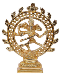 Gold-plated brass Dancing Shiva Nataraja idol, front view with circular halo