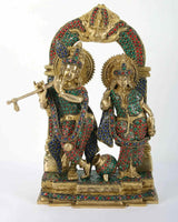 14-inch brass Radha-Krishna statue with milk pot, colorful inlay jewel work
