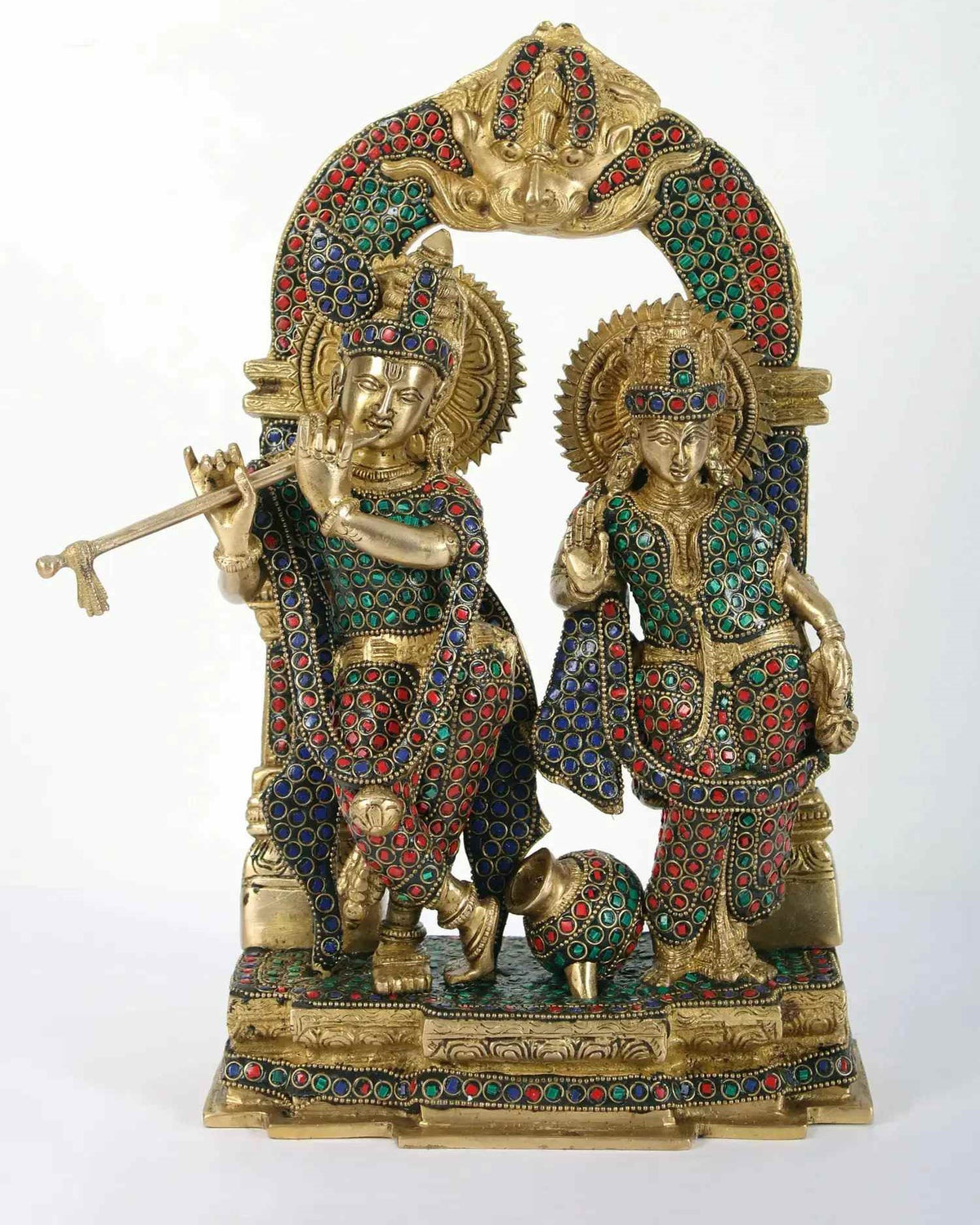 14-inch brass Radha-Krishna statue with milk pot, colorful inlay jewel work