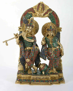 14-inch brass Radha-Krishna statue with milk pot, colorful inlay jewel work