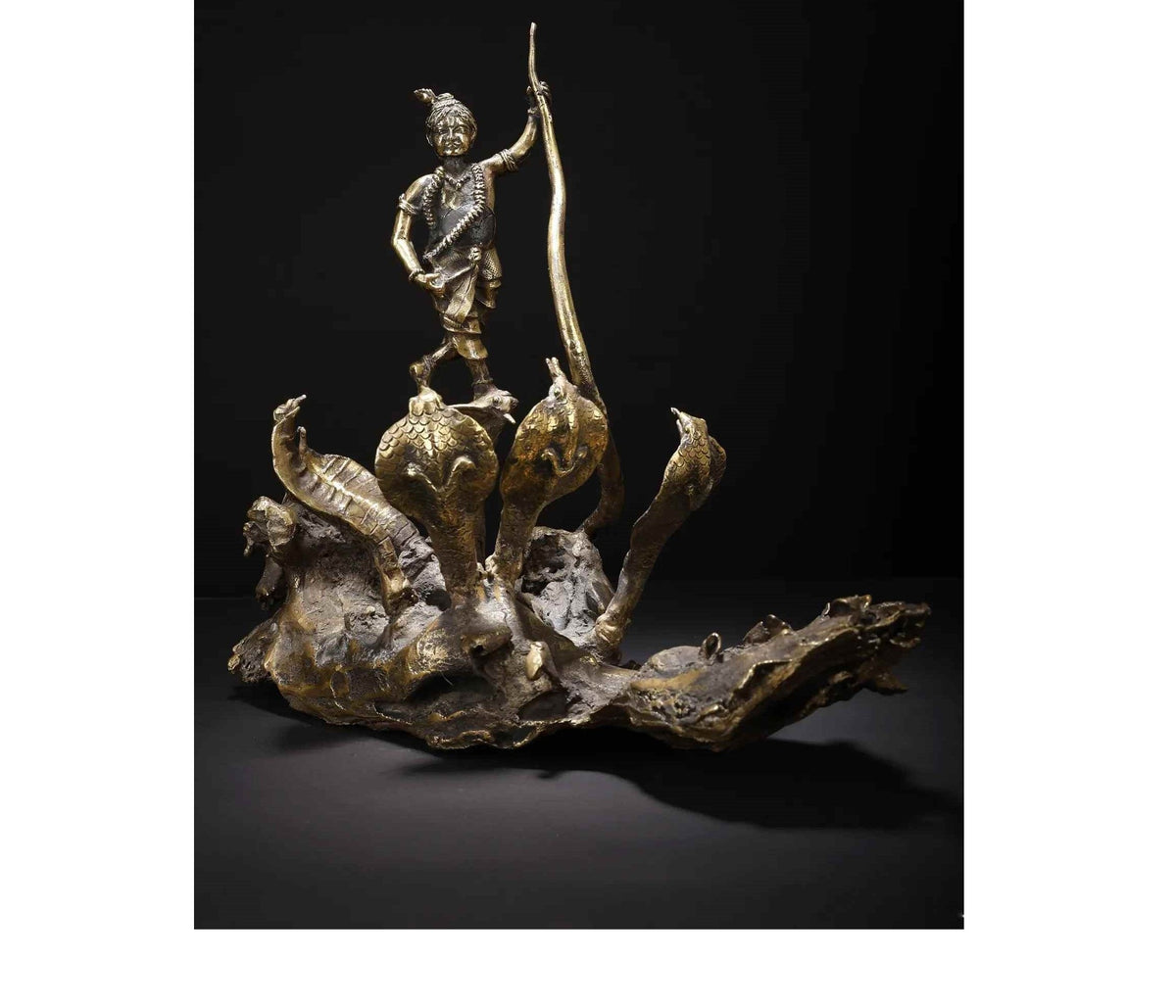 Kaliya Mardan Krishna bronze-style sculpture on swirling serpent base, 14 inch