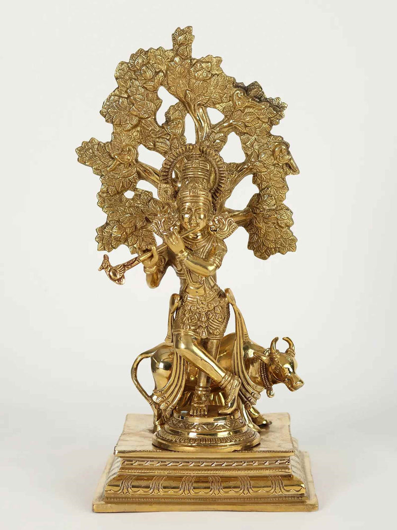 Brass Statue of Lord Krishna with Kalpavriksha and Cow 17 Inches