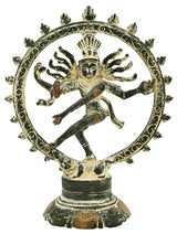 Nataraja antique brass sculpture with green patina, dancing idol on circular frame