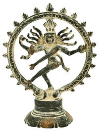 Nataraja antique brass sculpture with green patina, dancing idol on circular frame