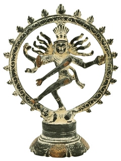 Nataraja antique brass sculpture with green patina, dancing idol on circular frame