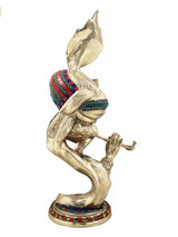 Brass Krishna figurine with colorful inlay, dynamic playing flute pose, 20 in