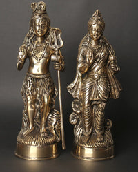 Brass Standing Shiva and Parvati idols, blessing gestures, set of two, 12-inch