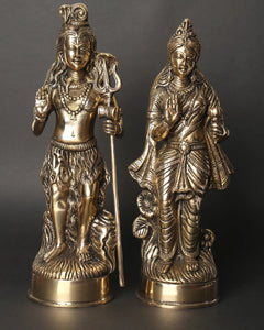 Brass Standing Shiva and Parvati idols, blessing gestures, set of two, 12-inch