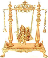 Handmade brass Radha and Krishna statue on a swing with ornate frame and chains