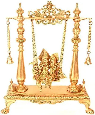 Handmade brass Radha and Krishna statue on a swing with ornate frame and chains