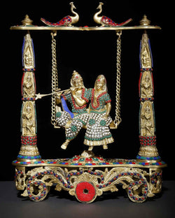 Brass Statue of Radha and Krishna on a Swing with Intricate Inlay Work 18 Inches