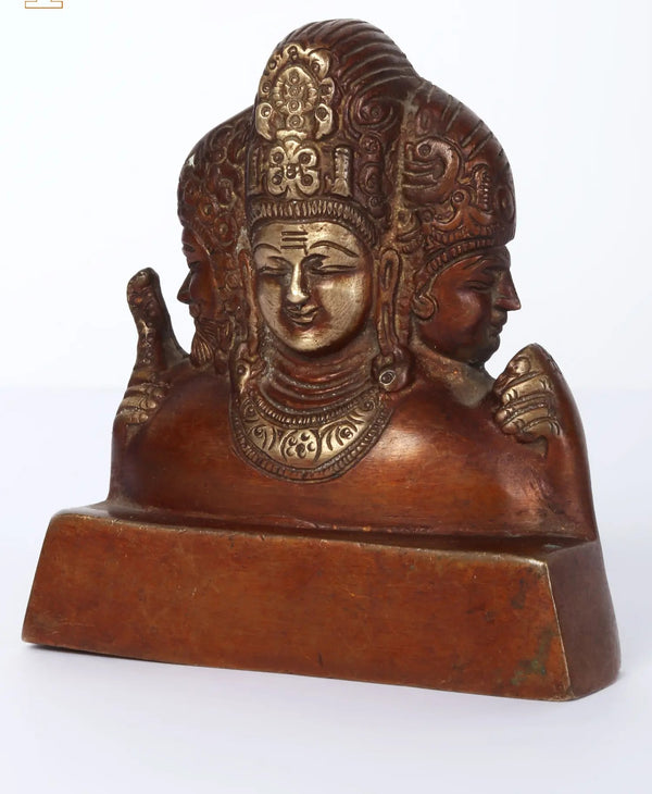 Small Brass Statue of the Trimurti (Brahma, Vishnu, and Mahesha) 4 Inches Entryway Setting