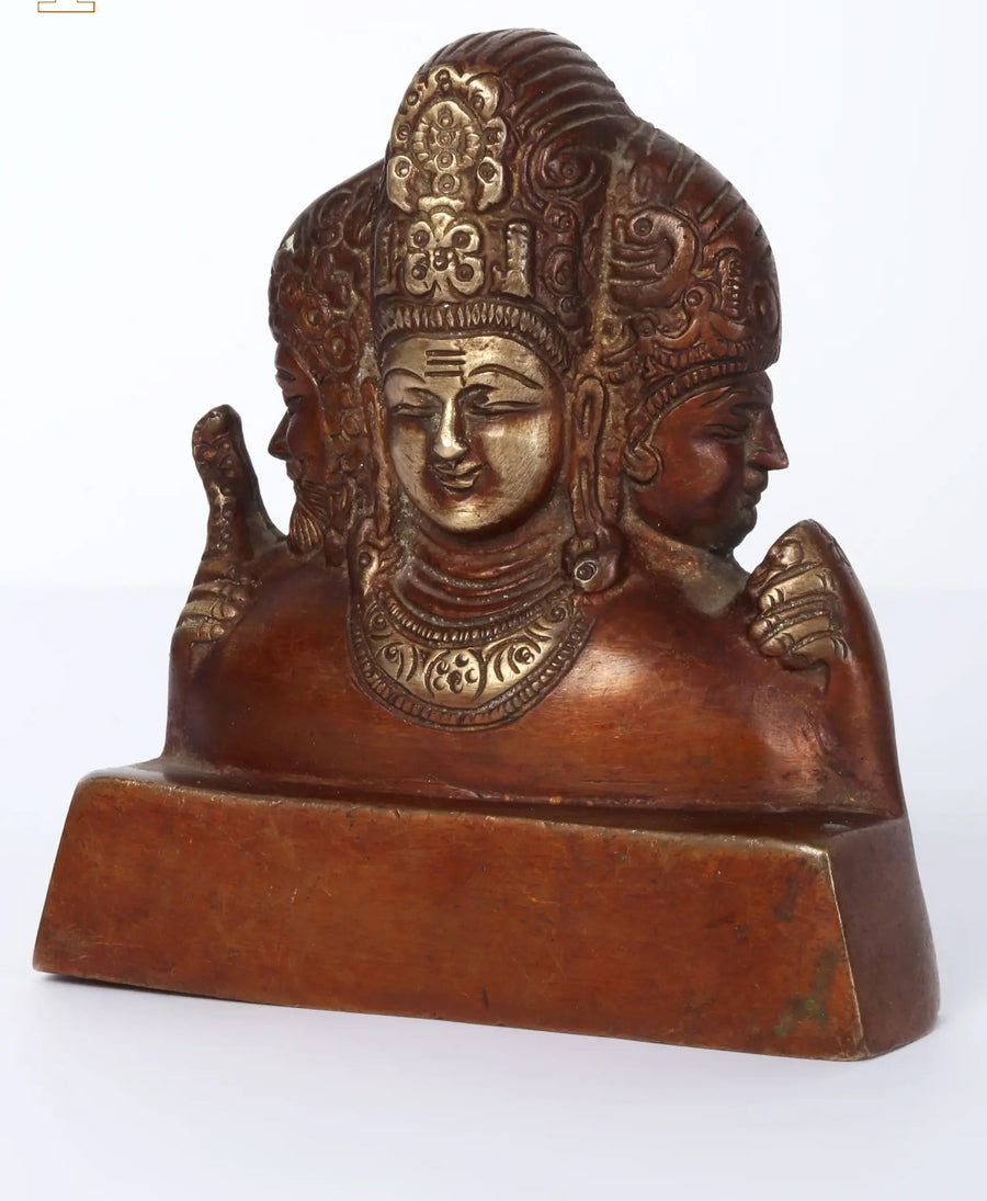 Small Brass Statue of the Trimurti (Brahma, Vishnu, and Mahesha) 4 Inches Craft Detail