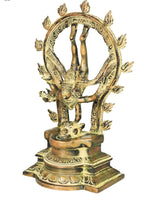 Nataraja hand-sculpted brass figure, arched ring of flames-like hands, standing base