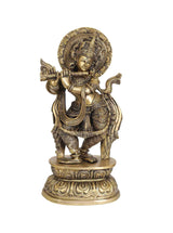 Handcrafted brass Lord Krishna statue, 16-inch standing pose with flute