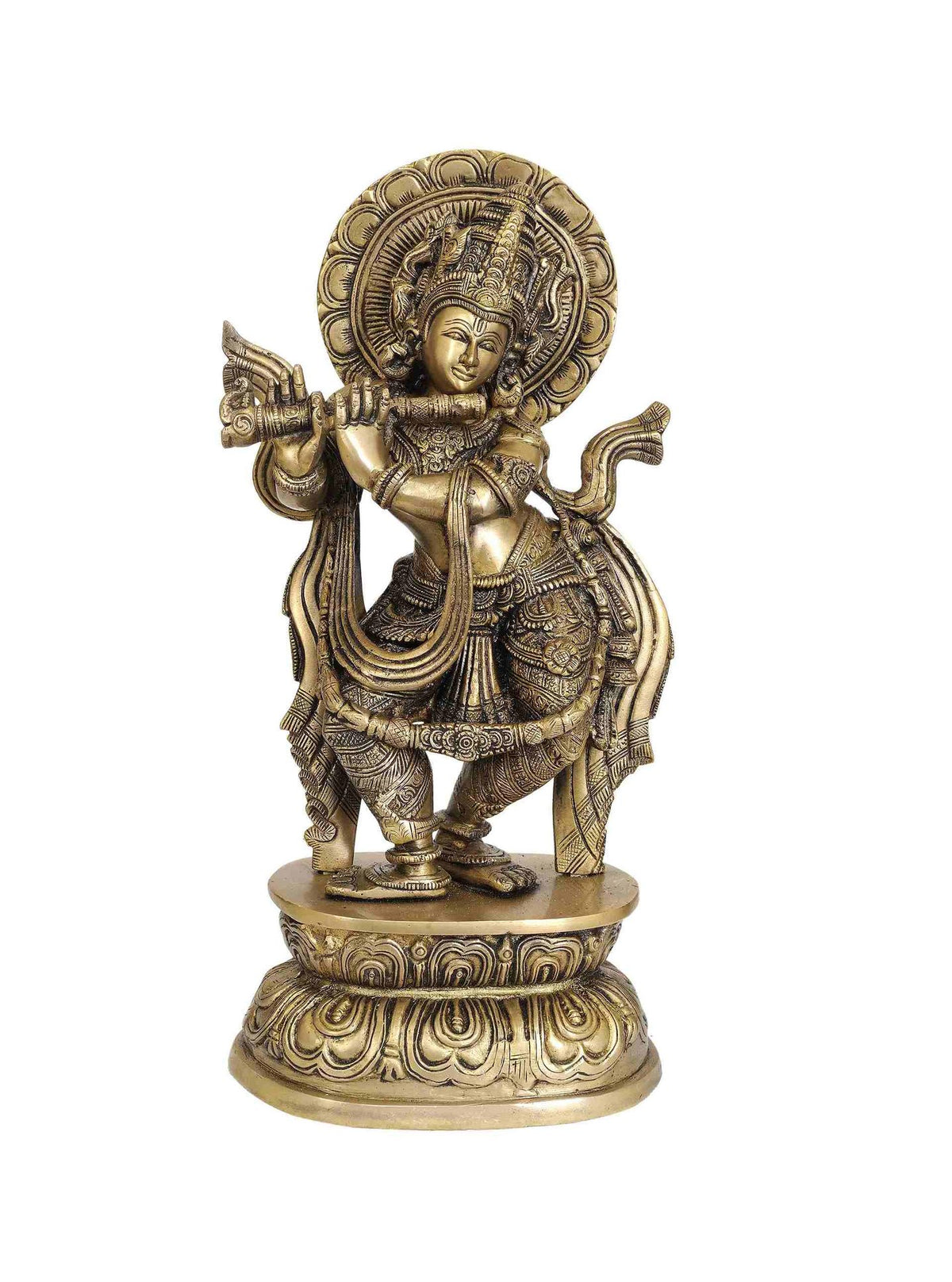 Handcrafted brass Lord Krishna statue, 16-inch standing pose with flute