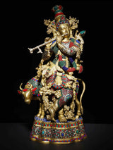 AONA brass statue of Venugopal Krishna on cow, colorful inlay work, 17 inches tall