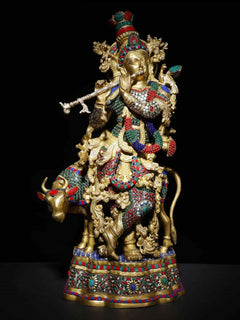 AONA brass statue of Venugopal Krishna on cow, colorful inlay work, 17 inches tall