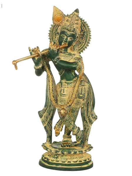 Handcrafted Patina GoldBrass Krishna Statue 11 inches