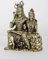 Seated Shiva and Parvati brass statue with blessing hand raised and ornate jewelry