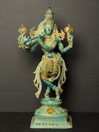 Lord Krishna statue, turquoise patina brass, gold details, 21-inch standing figure