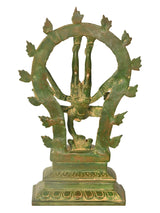 AONA brass Nataraja Shiva sculpture with circular halo, standing figure in green patina