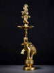 Brass Lamp of Fluting Krishna with Five Wicks on Elephant 17 Inches