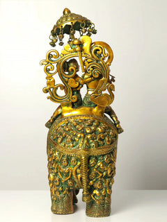 Rear view of AONA handmade brass Radha and Krishna on elephant with decorative arch top