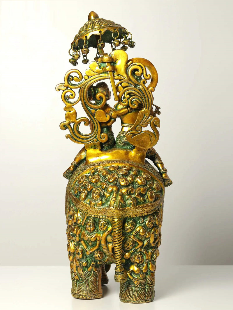 Handmade Greenish Gold  Brass Statue of Radha and Krishna Riding on an Elephant 23 inches