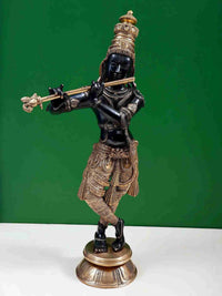 Handmade black and gold brass Shri Krishna flute statue, standing with flute