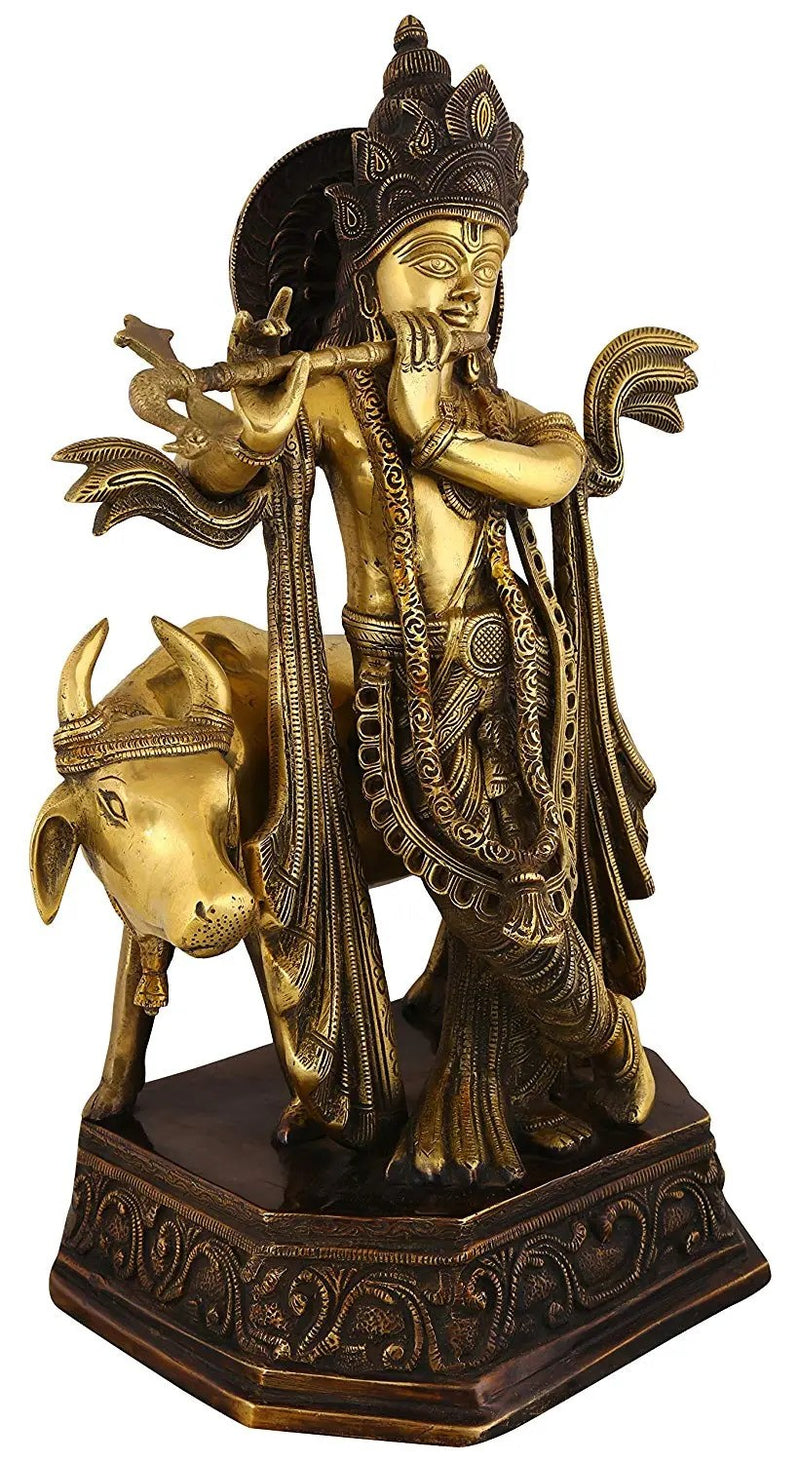 Handmade Brass Sculpture of Krishna Luxuriantly Draped, Accompanied by His Companion, the Cow 20 Inches