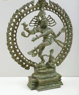 Antiqued brass Nataraja statue, 20-inch, arched backdrop with multi-armed dance posture