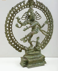 Antiqued brass Nataraja statue, 20-inch, arched backdrop with multi-armed dance posture
