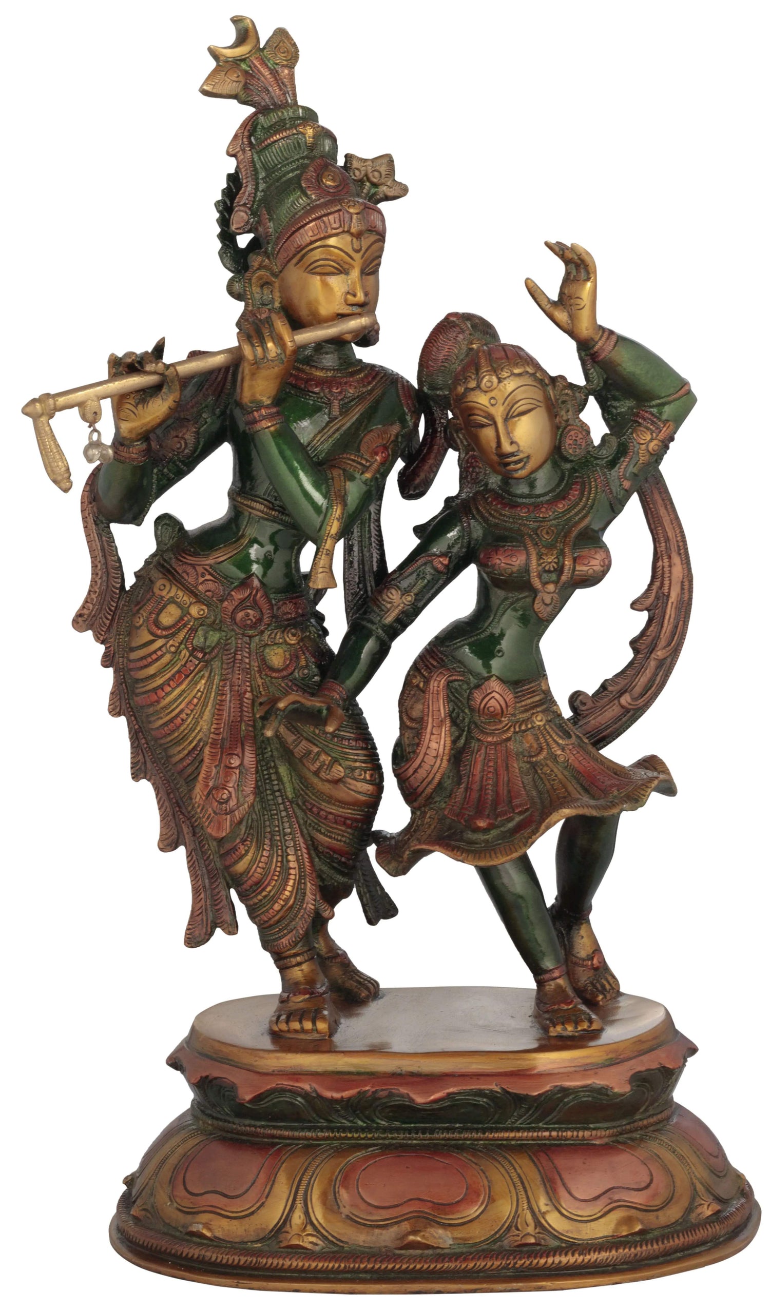 Henna Touch Brass Statue of Radha and Krishna Engaged in Ecstatic Dance 16 INCHES