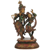 Brass Radha and Krishna dance statue, green and gold finish, raised hands