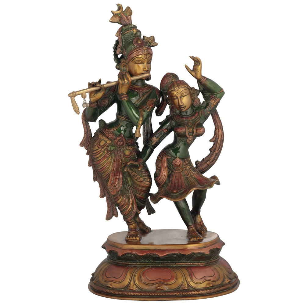 Brass Radha and Krishna dance statue, green and gold finish, raised hands