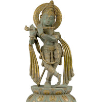 19-inch brass Lord Krishna statue, long plaited hair, ornate halo and gold accents