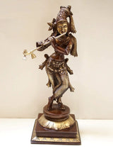 Natural brass Lord Krishna statue, standing and playing flute, 14 inch height