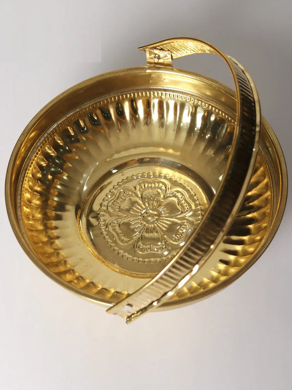 Brass Pooja Flowers Basket (with Ganesha Image Inside) Height 9 cm Study Setting