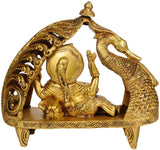 Handmade brass Ganesha statue in swan chariot, ornate arch frame and seated detail