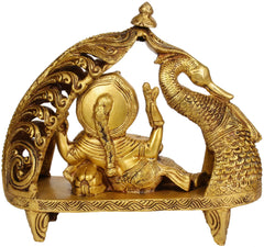 Handmade brass Ganesha statue in swan chariot, ornate arch frame and seated detail