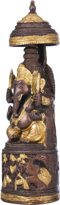 Brass-brown Ganesha figurine with gold headdress and raised hands, 10-inch