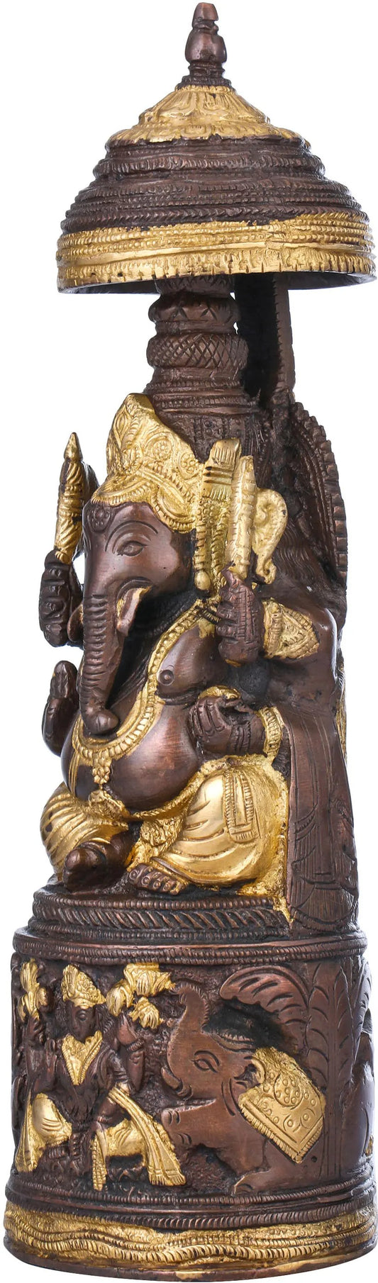 Brass Brown Gold King Ganesha with Lakshmi Ji Carved on Pedestal 10 inches