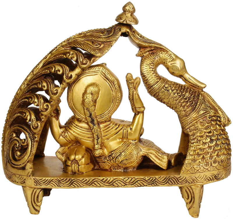 Handmade brass statue of Lord Ganesha in a chariot drawn by a swan 9 inches